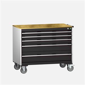 cubio mobile cabinet with 5 drawers & multiplex worktop. WxDxH: 1050x650x890mm. RAL 7035/5010 or selected Bott MobileIndustrial Tool Storage Trolleys 1050mm x 525mm